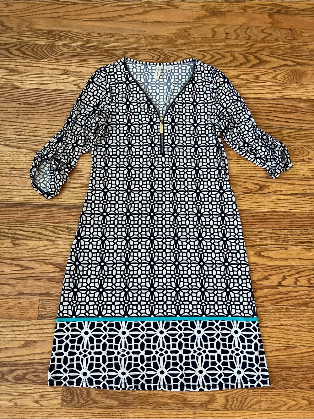 Tacera Navy White Geometric Dress Small 3/4 Sleeve Zip Neck Shift